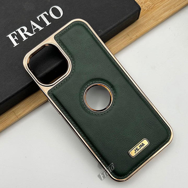 iPhone Luxury PU Leather Chrome Plated Logo Cut Case Cover