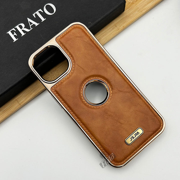 iPhone Luxury PU Leather Chrome Plated Logo Cut Case Cover