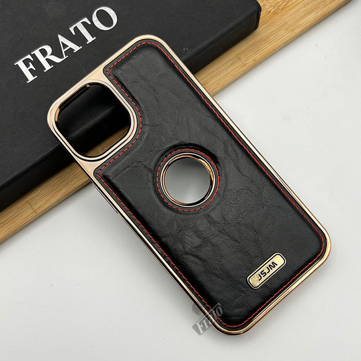 iPhone Luxury PU Leather Chrome Plated Logo Cut Case Cover