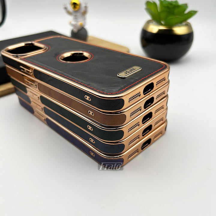 iPhone Luxury PU Leather Chrome Plated Logo Cut Case Cover