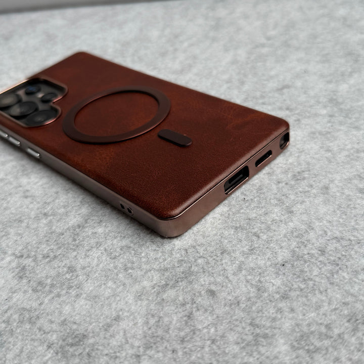 Samsung Galaxy S23 Ultra Metallic Textured Leather MagSafe Ring Case Cover
