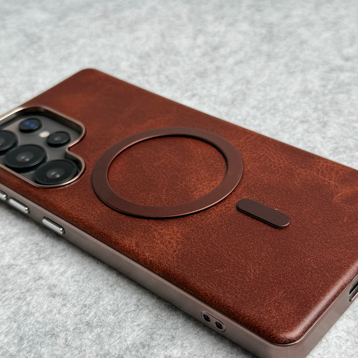 Samsung Galaxy S23 Ultra Metallic Textured Leather MagSafe Ring Case Cover
