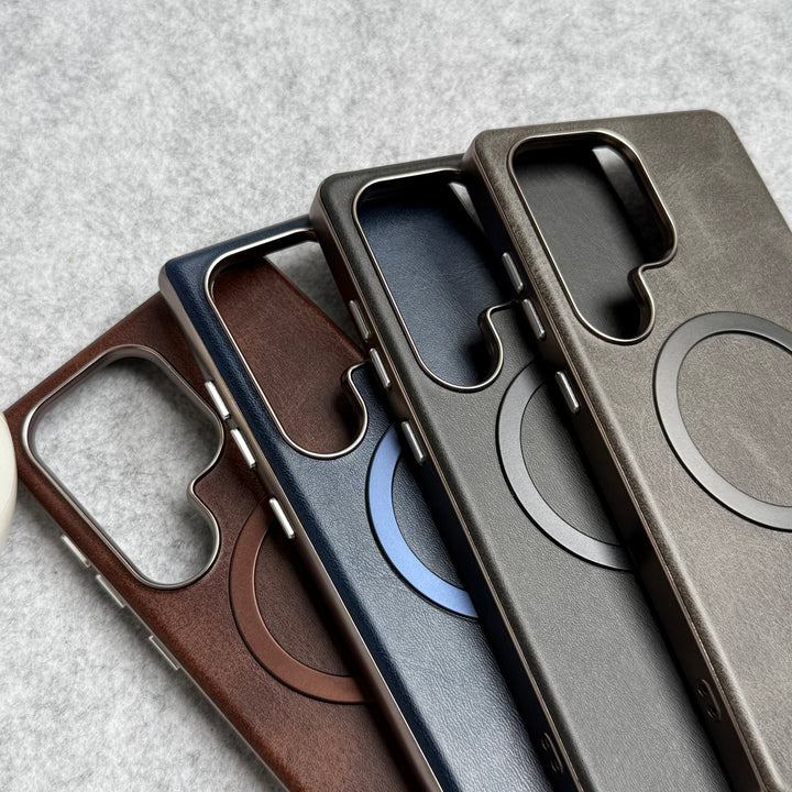 Samsung Galaxy S23 Ultra Metallic Textured Leather MagSafe Ring Case Cover