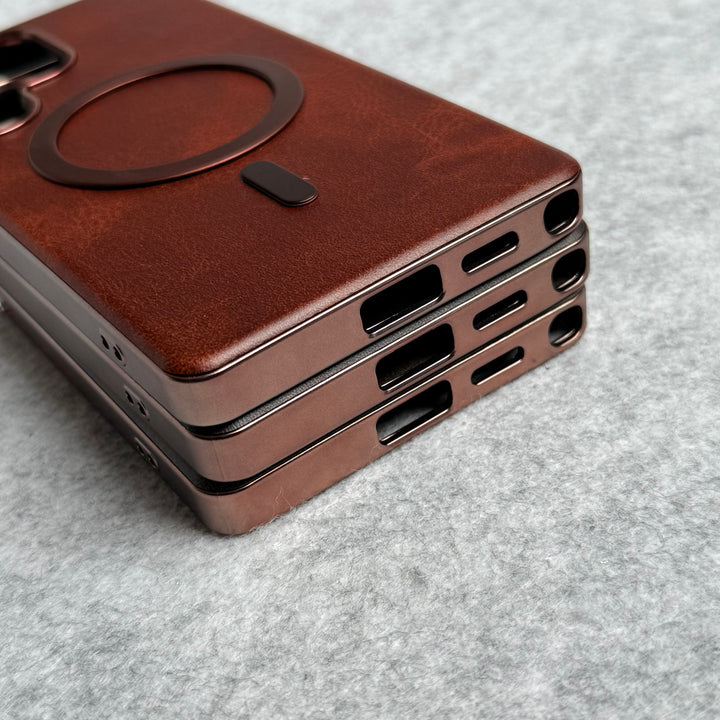 Samsung Galaxy S23 Ultra Metallic Textured Leather MagSafe Ring Case Cover