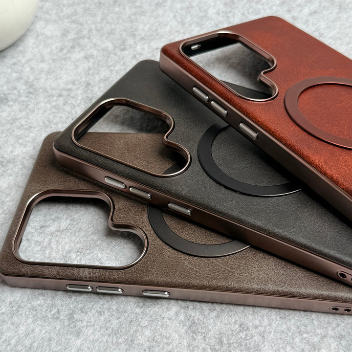 Samsung Galaxy S23 Ultra Metallic Textured Leather MagSafe Ring Case Cover