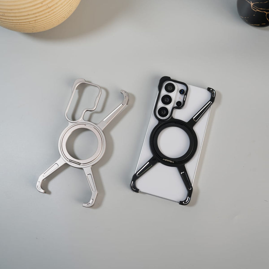FRATO Aeroflex Metal Galaxy S26 Ultra X Shape Aluminum Metal Rotating Kickstand Frameless Design Magsafe Case