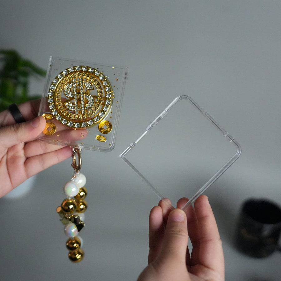 FRATO Flip 7 Collections Galaxy Z Flip 7 Luxury Spinning Dollar Bling Case | Crystal Clear Cover with Pearl Strap