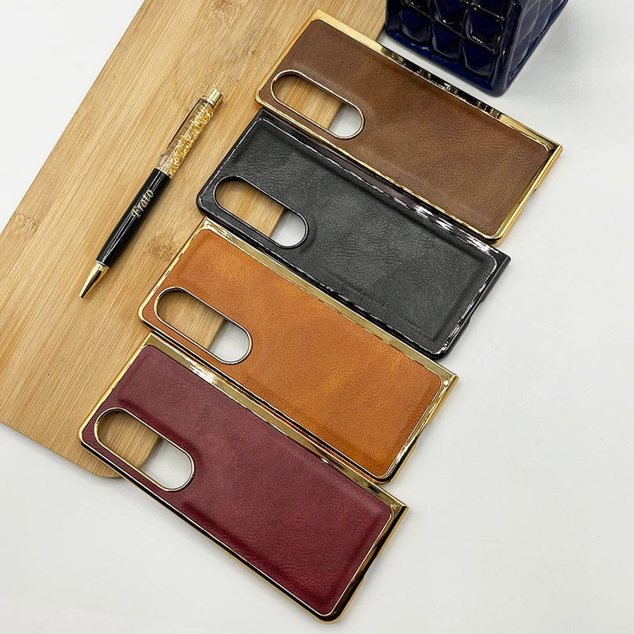 FRATO Fold 3 Collection Samsung Galaxy Z Fold 3 PU Leather Chrome Plated With Front Screen Protector Case Cover