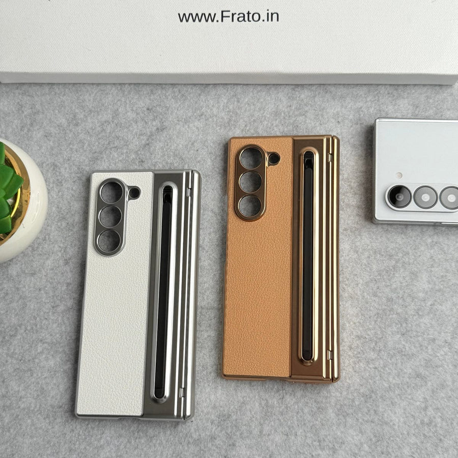 FRATO Fold 6 Collection Samsung Galaxy Z Fold 5 Leather Plating front Glass Protection Hinge Case Folding Cover