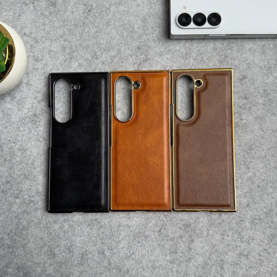 FRATO Fold 6 Collection Samsung Galaxy Z Fold 6 PU Leather Chrome Plated Front Screen Protector Case Cover
