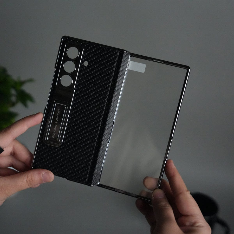 FRATO Fold 7 Collection Galaxy Z Fold 7 Carbon Fiber Texture Case with Front Glass Protection | Chrome Plated Frame & Kick Stand