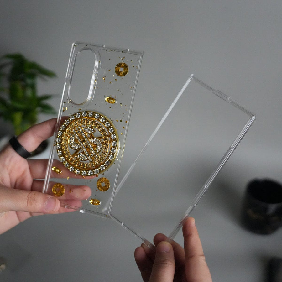 FRATO Fold 7 Collection Galaxy Z Fold 7 Luxury Spinning Dollar Bling Case | Crystal Clear Cover with Pearl Strap