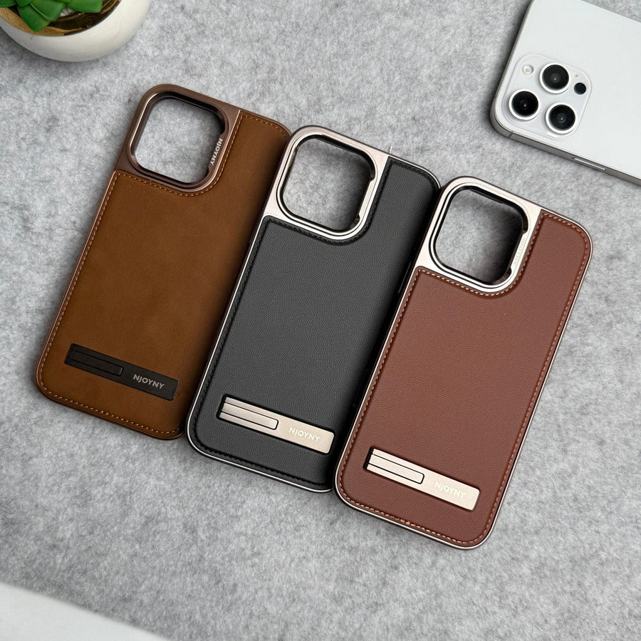 FRATO iPhone 16 Series iPhone 16 Series Leather Mate Chrome Plated Kick Stand Case Cover