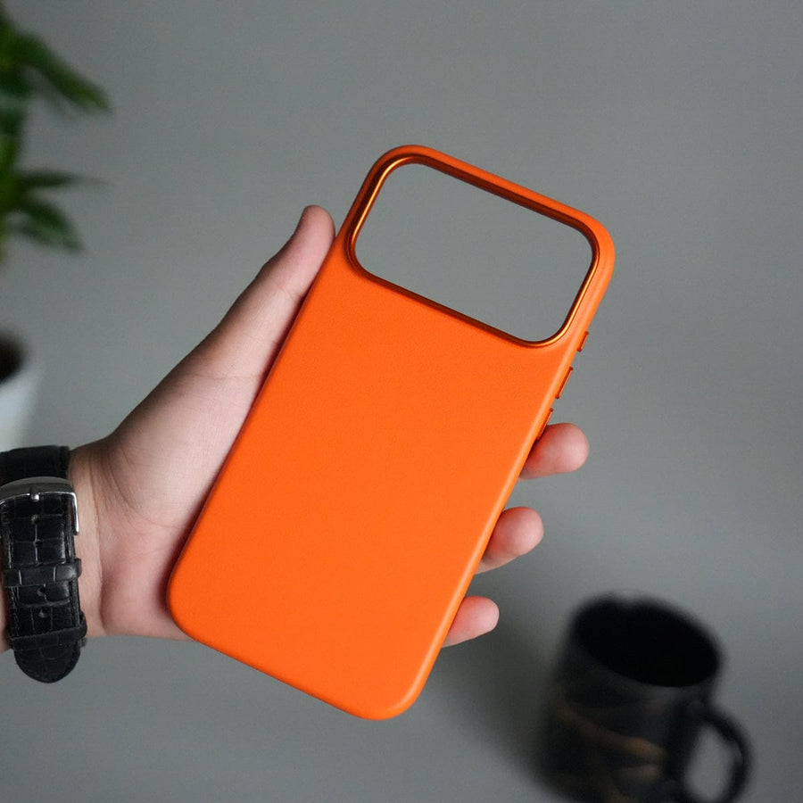 FRATO iPhone 17 Series iPhone 17 Pro Max Premium PU Leather MagSafe Case | Metal Camera Frame Luxury Back Cover | Orange