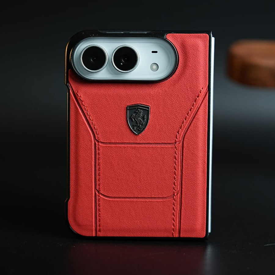 FRATO iPhone Fold Red Racing-Inspired Leather-Texture Case for iPhone Duo | Sporty Stitching & Shield Emblem Design