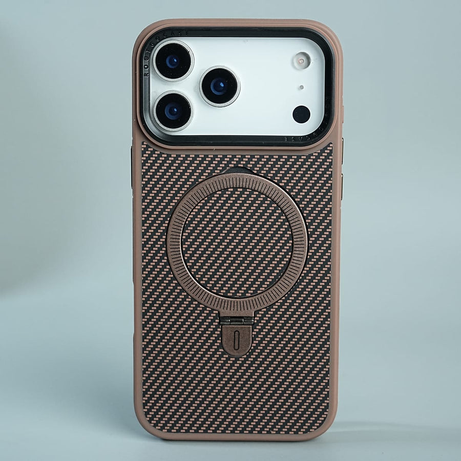 FRATO luxury Case 17 Pro Max / Copper Brown iPhone Series Premium Carbon-Texture Ring Stand Flip Case | Metal Kickstand | Slim & Protective Cover
