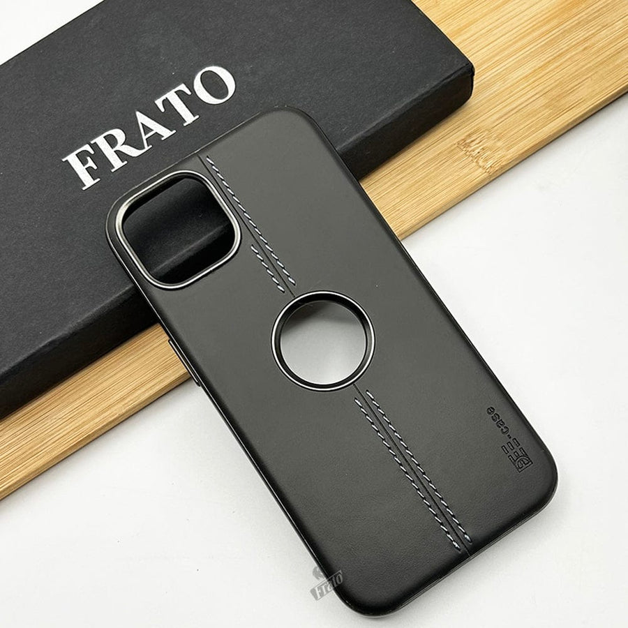 FRATO luxury Case iPhone 15 Pro PU Smooth Leather Case With Metal Frame Camera Protection Logocut Cover(Black)