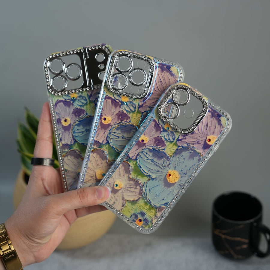 FRATO luxury Case iPhone Luxury 3D Oil Painting Floral Design Glitter Lens Protection Stand Cover | Green