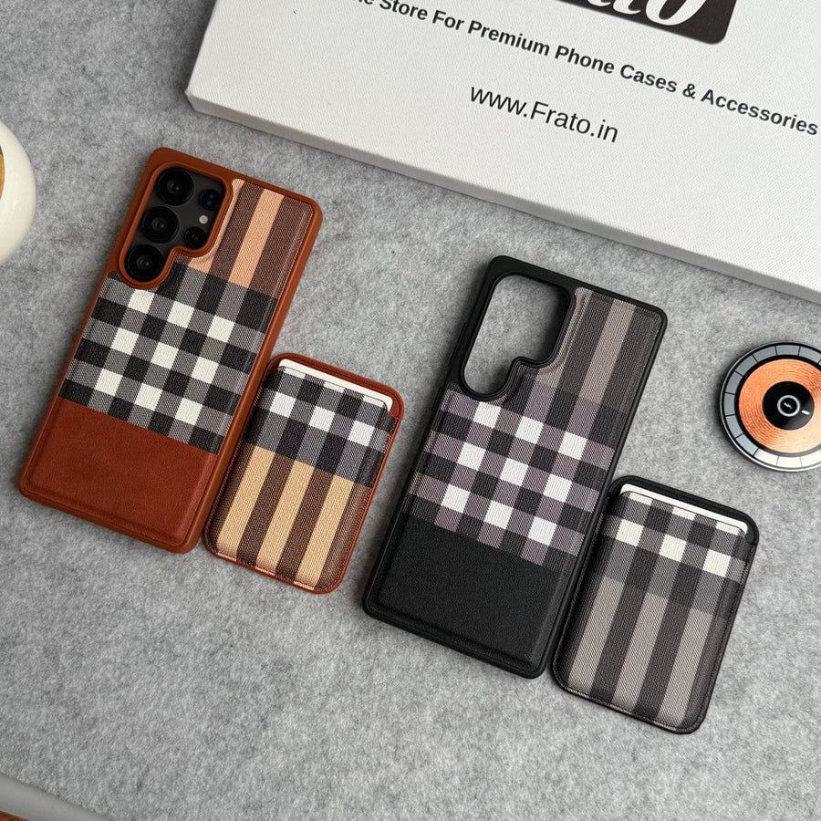 FRATO Samsung S25U Samsung Galaxy S25 Ultra Checks Leather Case With Detachable Magnetic Magsafe Card Holder Cover