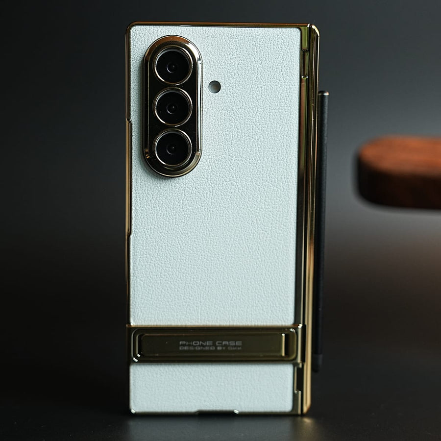 FRATO Z Fold 8 Series White Texture Case with Metallic Stand for Galaxy Z Fold 8 Ultra | Protective Front Frame