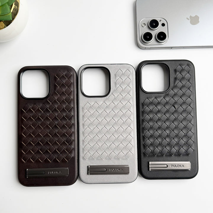 iPhone 16 Series Weave Leather with Metal Kickstand Slim Back Cover