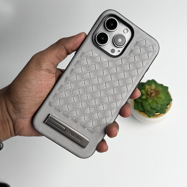 iPhone 16 Series Weave Leather with Metal Kickstand Slim Back Cover