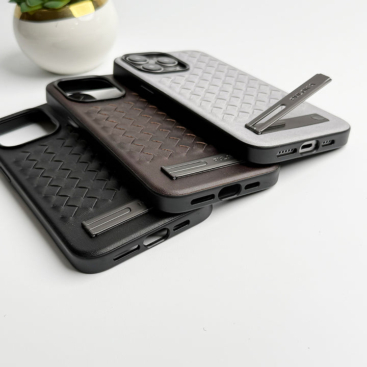 iPhone 16 Series Weave Leather with Metal Kickstand Slim Back Cover