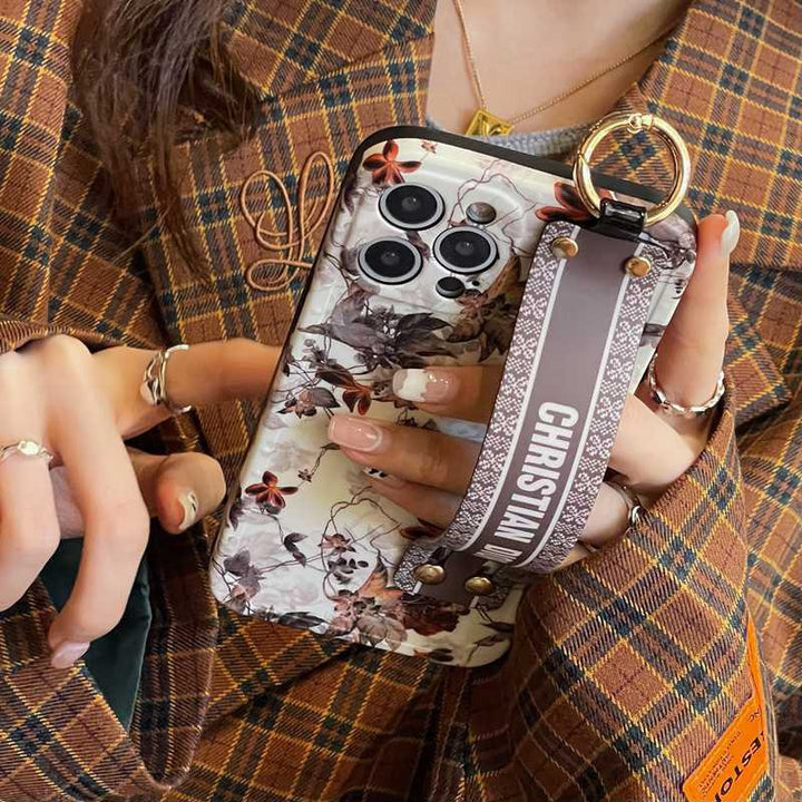 iPhone 16 series Luxury Brand CD White Floral Strap Belt Case Cover