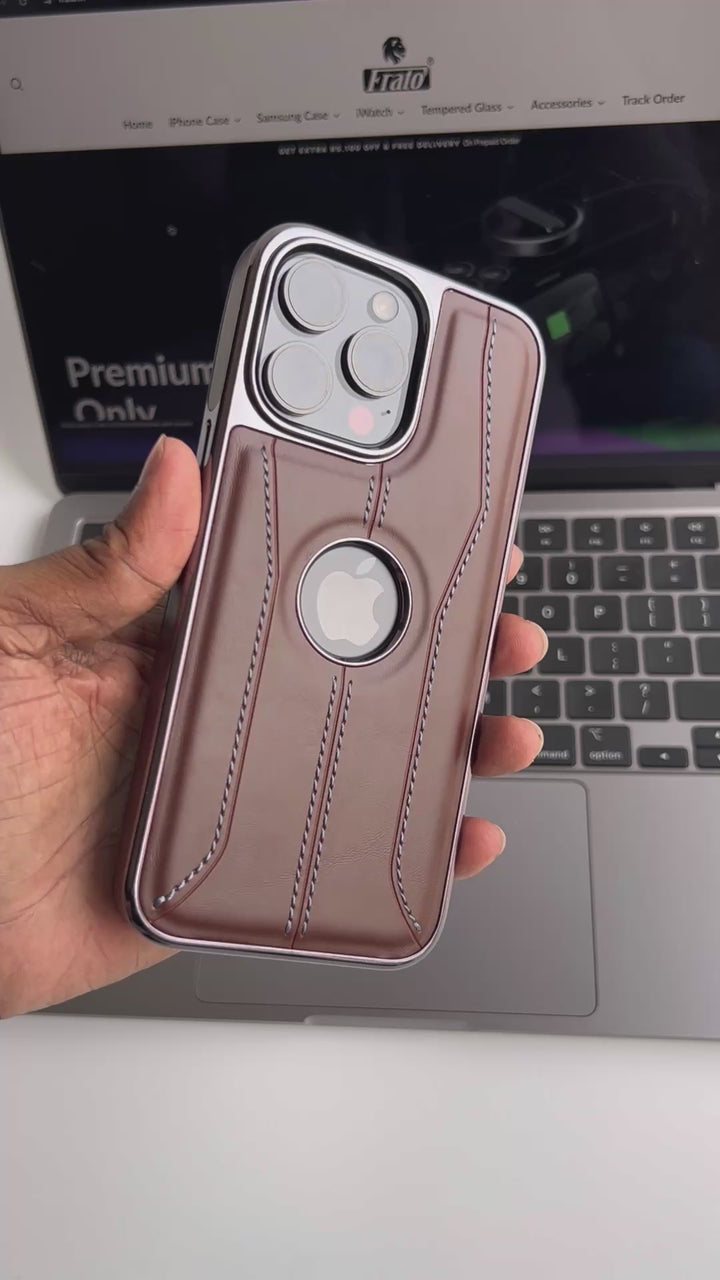 iPhone 16 Series Stitch PU Leather Side Chrome Case Cover