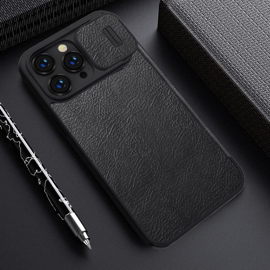 FRATO luxury Case iPhone 14 Pro Camera Protection QIN Leather Flip Case Black