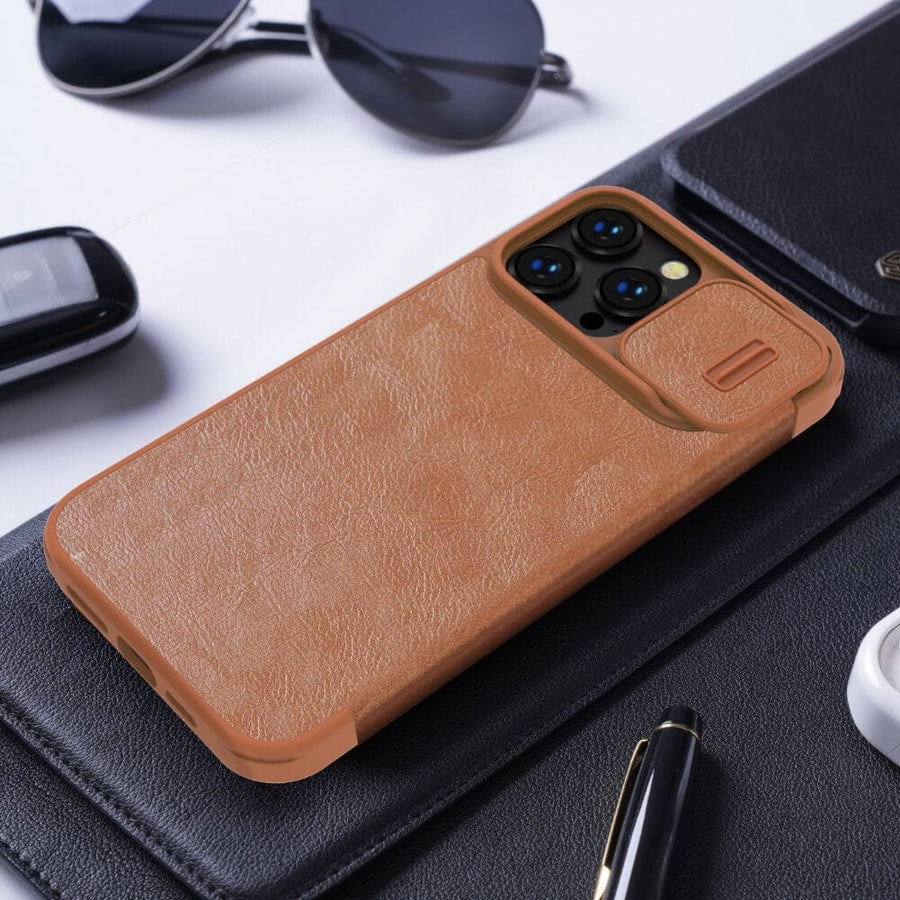 FRATO luxury Case iPhone 14 Pro Camera Protection QIN Leather Flip Case Brown