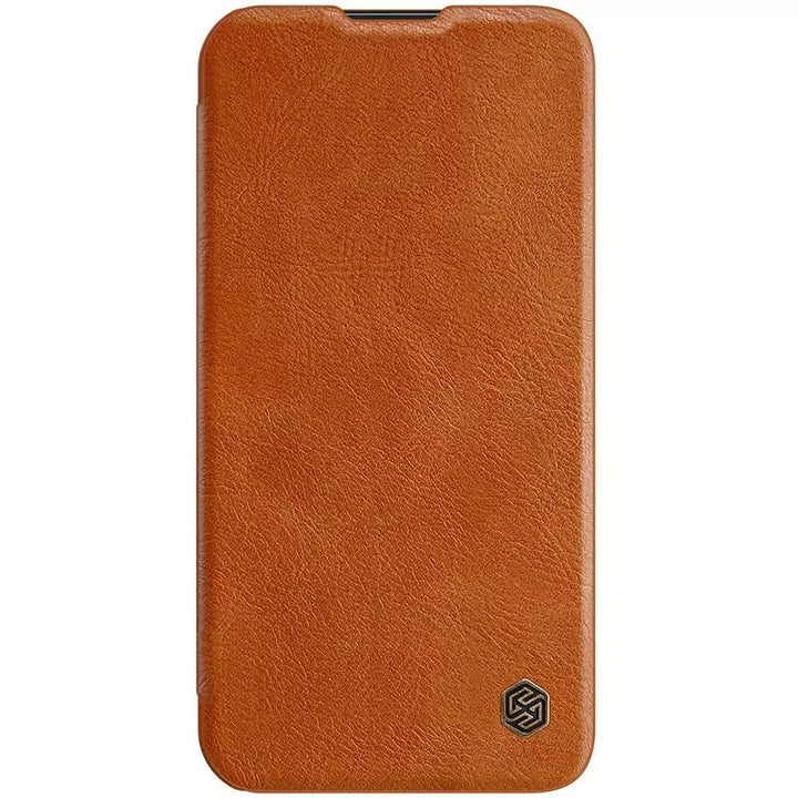iPhone 14 Plus Camera Protection QIN Leather Flip Case Brown