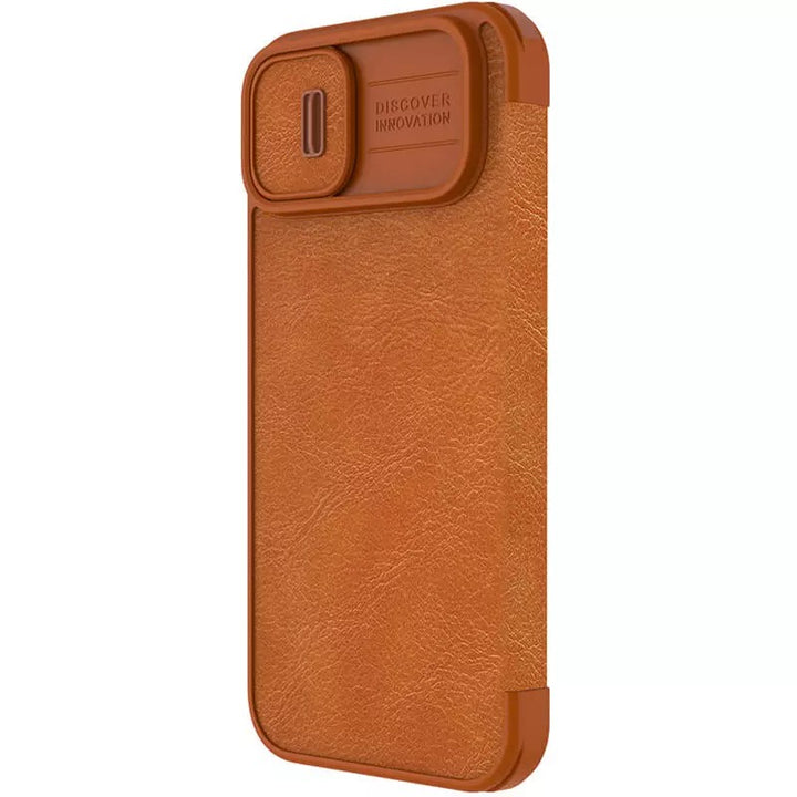 iPhone 14 Plus Camera Protection QIN Leather Flip Case Brown