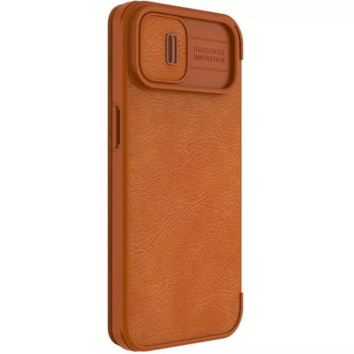 iPhone 14 Plus Camera Protection QIN Leather Flip Case Brown
