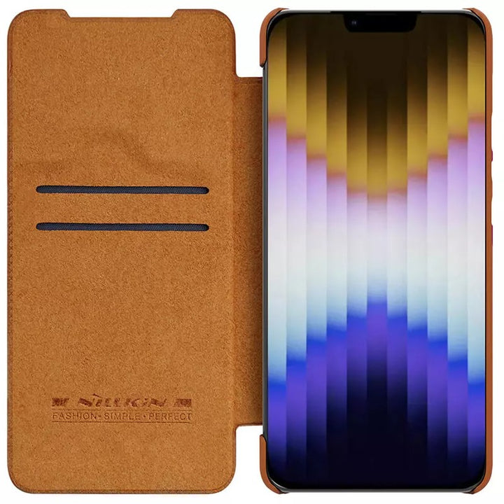 iPhone 14 Plus Camera Protection QIN Leather Flip Case Brown