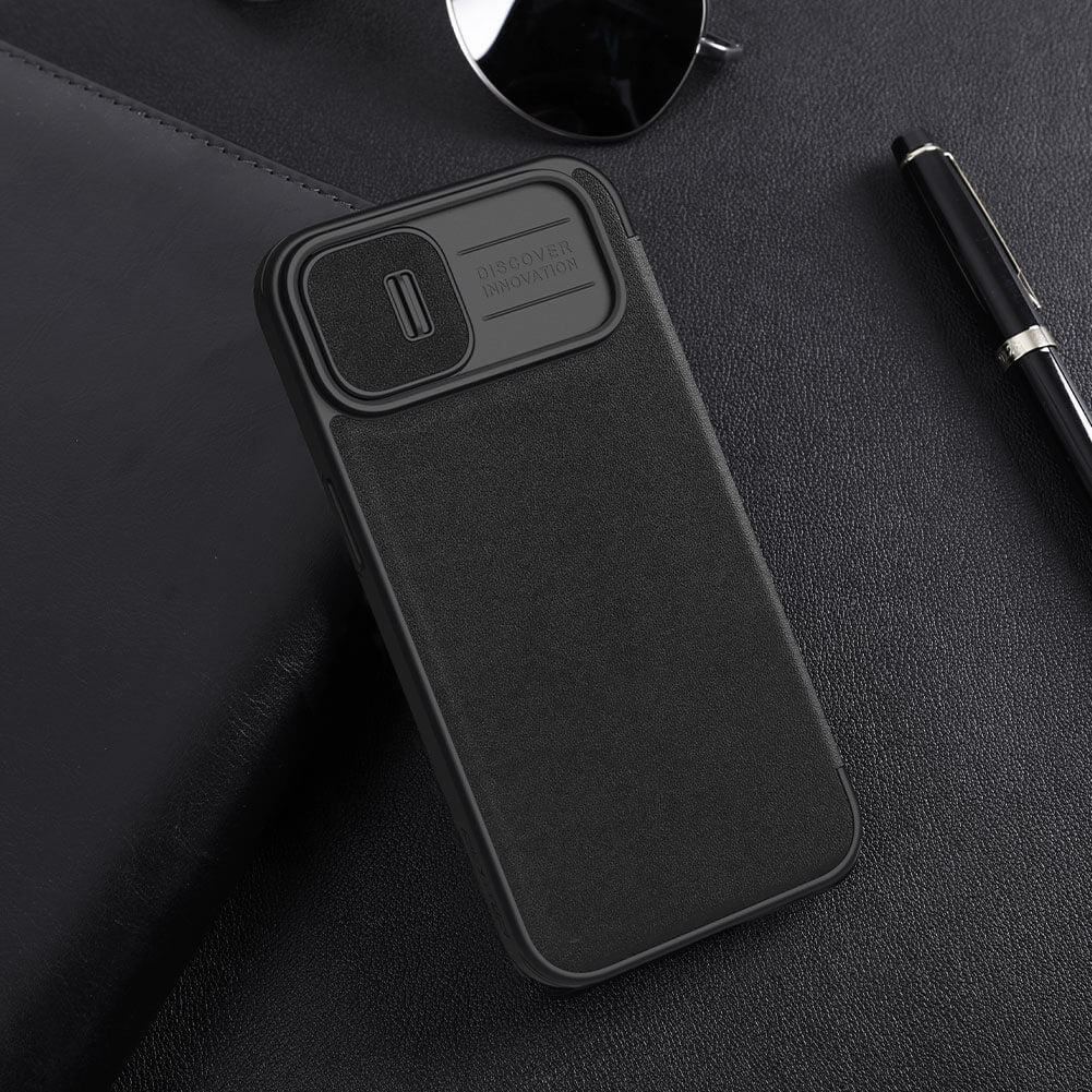 iPhone 15 Pro Series Nillkin Qin Pro Plain Leather+Cloth Flip case Cover (Black)