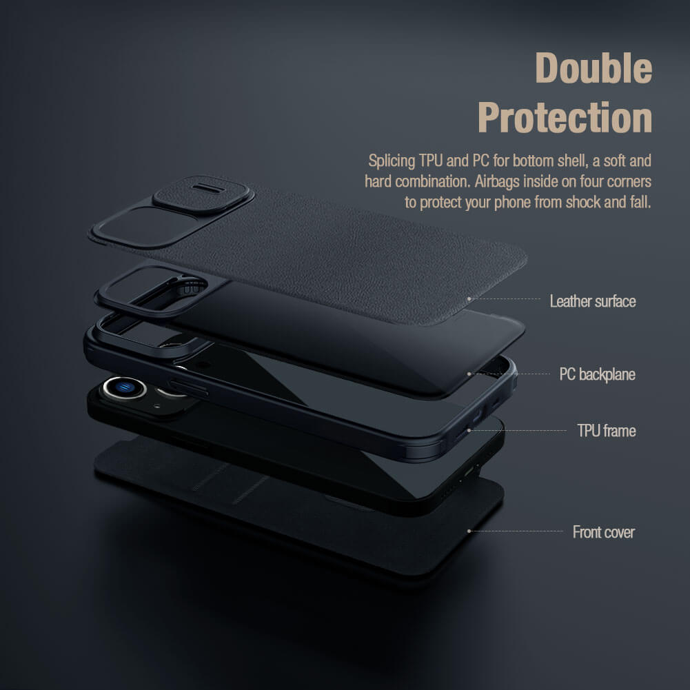 iPhone 15 Pro Max Series Nillkin Qin Pro Plain Leather+Cloth Flip case Cover (Black)