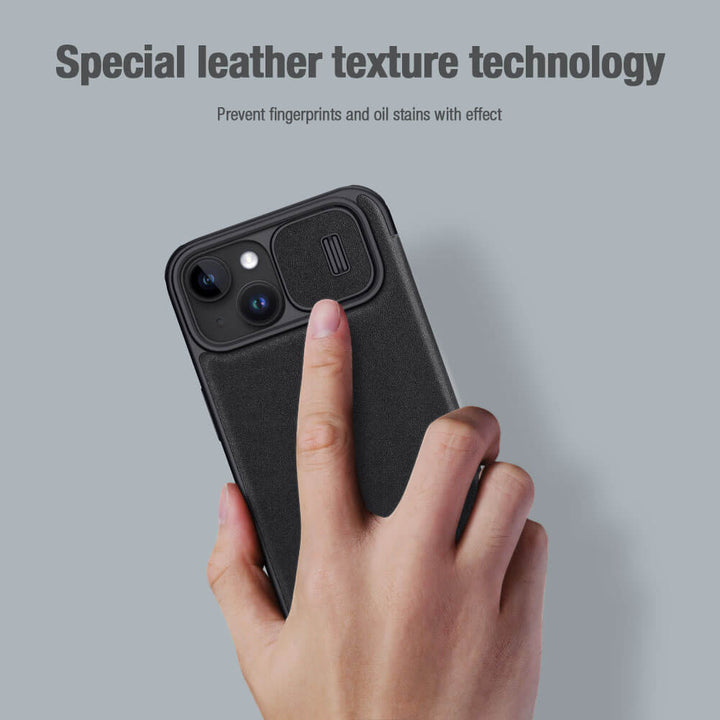 iPhone 15 Pro Series Nillkin Qin Pro Plain Leather+Cloth Flip case Cover (Black)