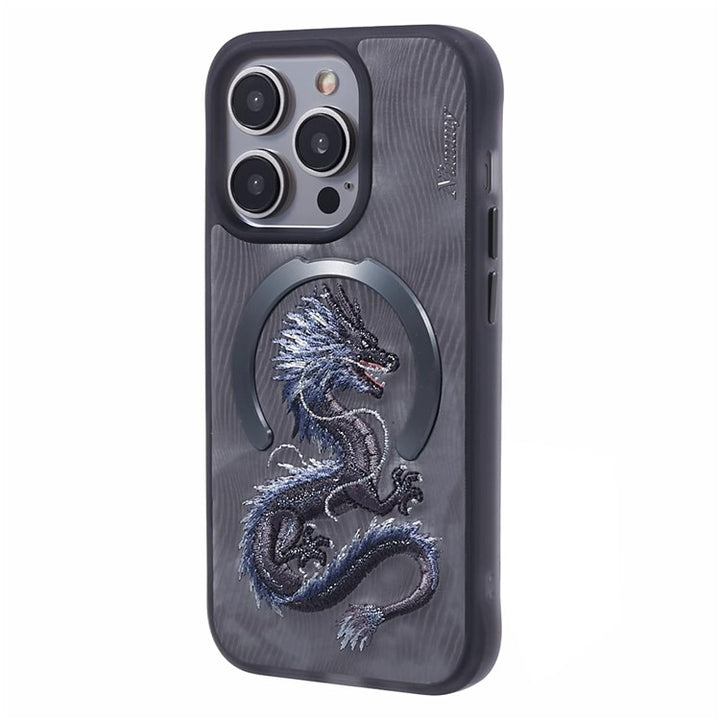 iPhone Premium 3D Embroidered Animal Series Leather MagSafe Case Cover (Black Dragon)