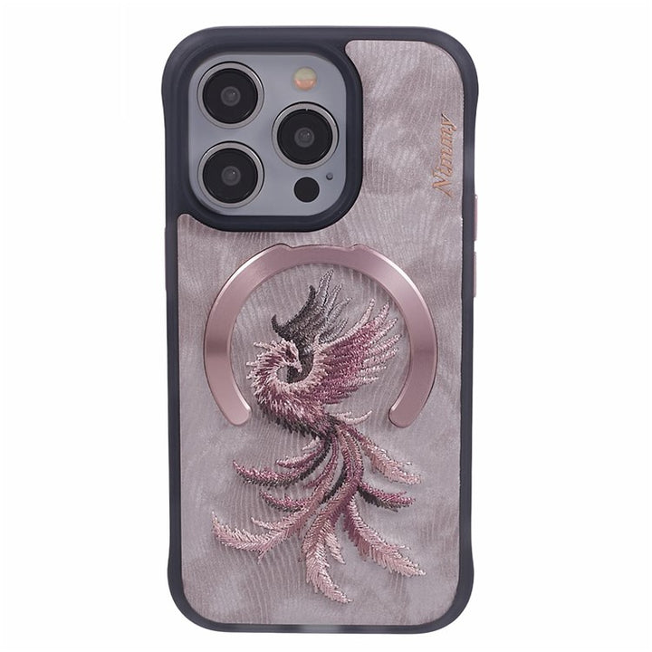 iPhone Premium 3D Embroidered Animal Series Leather MagSafe Case Cover (Phoenix)