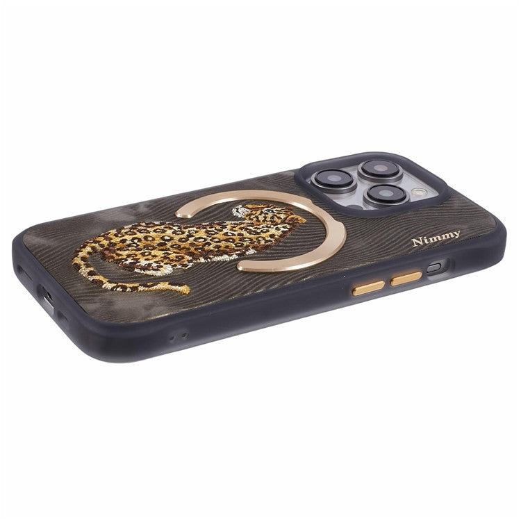 iPhone Premium 3D Embroidered Animal Series Leather MagSafe Case Cover (Golden Leopard)