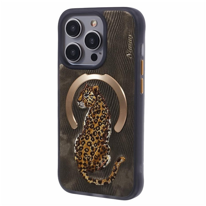 iPhone Premium 3D Embroidered Animal Series Leather MagSafe Case Cover (Golden Leopard)