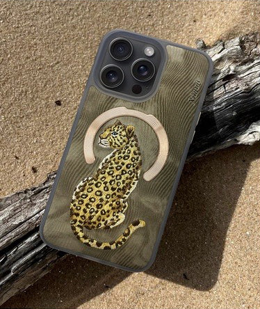 iPhone Premium 3D Embroidered Animal Series Leather MagSafe Case Cover (Golden Leopard)