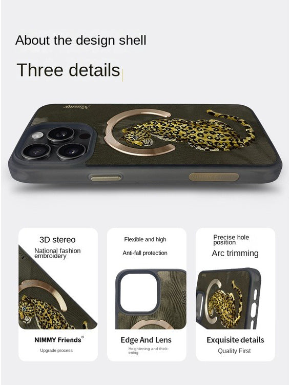 iPhone Premium 3D Embroidered Animal Series Leather MagSafe Case Cover (Golden Leopard)