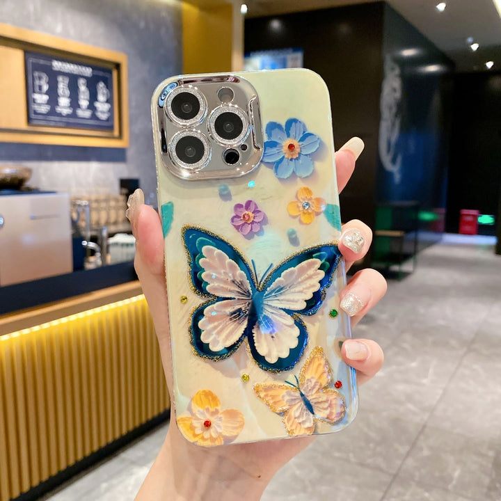 iPhone 15 Series 3D Oil Painting Floral And Butterfly Design With Glitter Lens Protection Case Cover