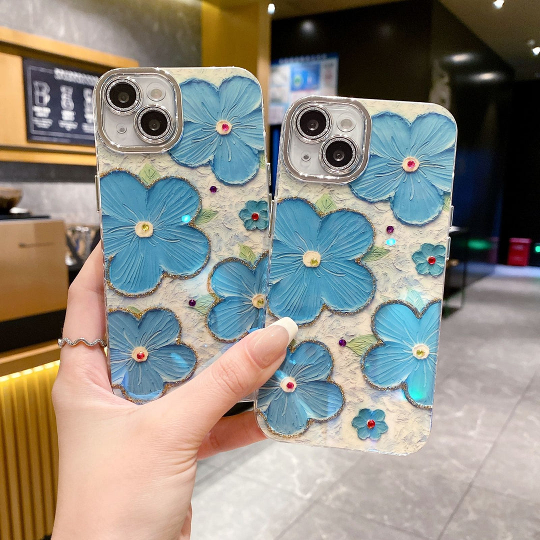 iPhone 15 Series Luxury 3D Oil Painting Floral Design With Glitter Lens Protection Case Cover (SkyBlue)