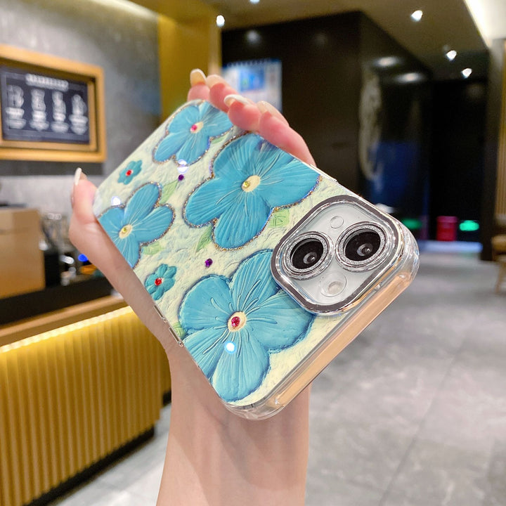 iPhone 15 Series Luxury 3D Oil Painting Floral Design With Glitter Lens Protection Case Cover (SkyBlue)