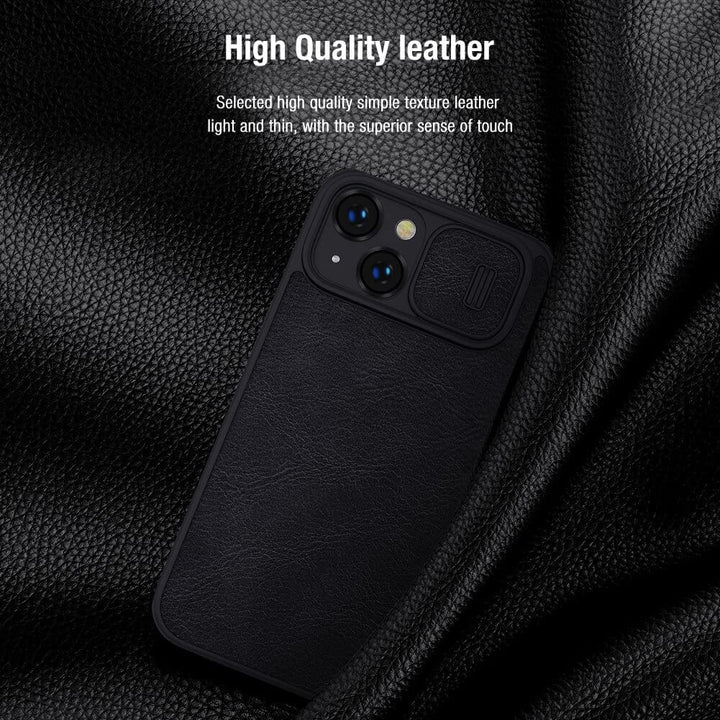 iPhone 15 Pro Max Series Nillkin Qin Pro Plain Leather+Cloth Flip case Cover (Black)