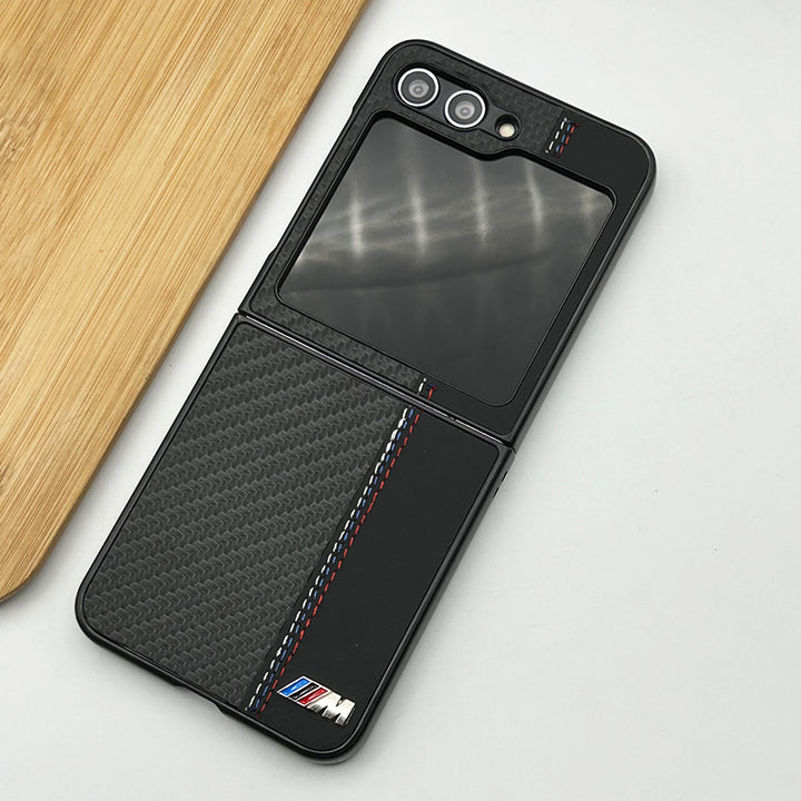 Samsung Galaxy Z Flip 5 BMW M Performance Logo Carbon Fiber Stitch Design Case Cover (Black)