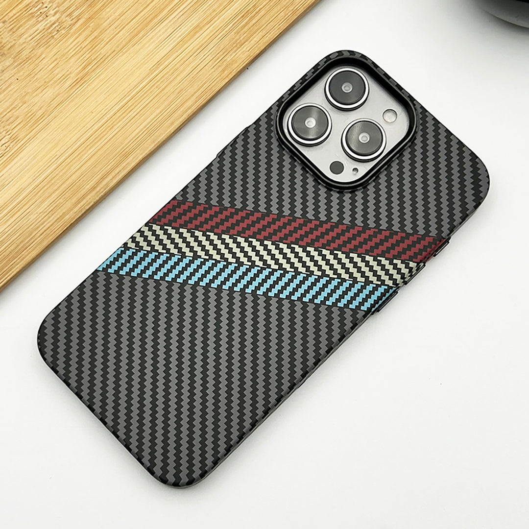 iPhone 15 Series Carbon Fiber Texture Tritone Shade Pc Hard Magsafe Case Cover (Black)